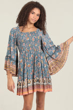 Load image into Gallery viewer, 5293-Wide Bell Flare Sleeves Smocked Bodice Dress-BLUE
