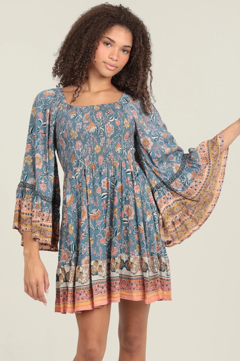 5293-Wide Bell Flare Sleeves Smocked Bodice Dress-BLUE