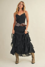 Load image into Gallery viewer, 6310- Lace V-Neck Cascading Ruffle Dress-BLACK
