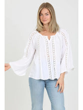 Load image into Gallery viewer, 5826-Flare Bell Sleeve Lace Inset V Neck Top-white
