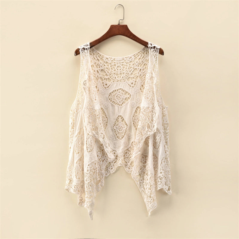 5390-Sleeveless Hollow Jacquard Lace Cardigan-BEIGE