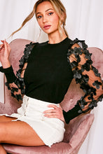 Load image into Gallery viewer, 4783-Organza Flower Puff Sleeve Soft Thin Knit Sweater -BLACK
