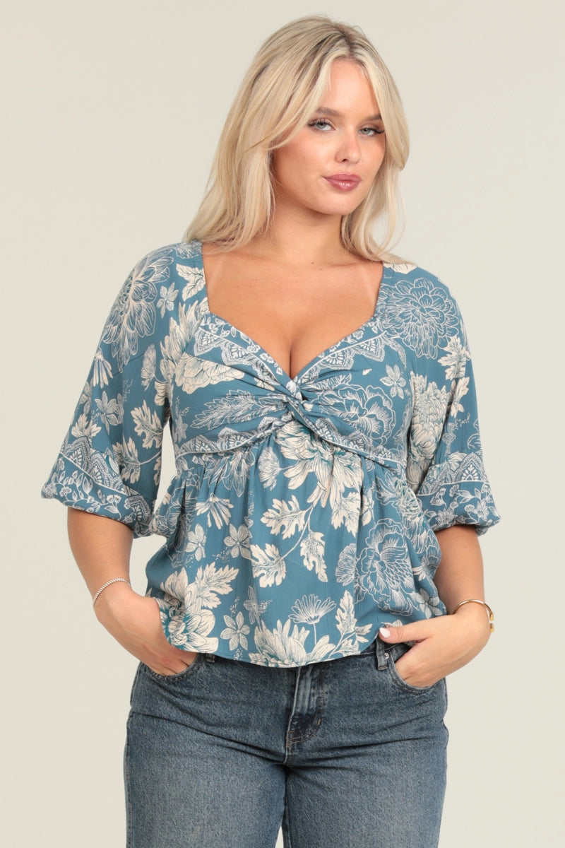 5292-Twist Front Floral Print Blouse-LT BLUE