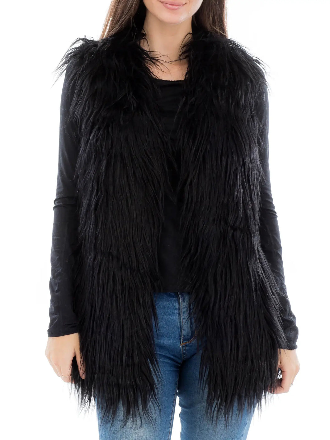 5685-Solid Colored Long Shaggy Faux Fur Vest with Hook