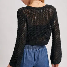 Load image into Gallery viewer, 6123- Open Knit Crochet Front-Tie Cropped Cardigan -BLACK
