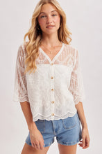 Load image into Gallery viewer, 6365- Sheer Embroidered Mesh Button Scalloped Hem Blouse-WHITE
