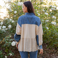 Load image into Gallery viewer, 5887-Mixed Media Spliced Denim Shirt with Seersucker
