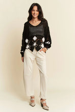 Load image into Gallery viewer, 5234-Crochet V Neck Long Sleeve Knit Sweater Top-BLK
