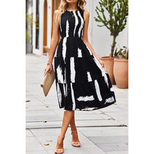 Load image into Gallery viewer, 4980-Floral Print Cut Out Ruched Fit Sleeveless Ruffle Dress-BLACK

