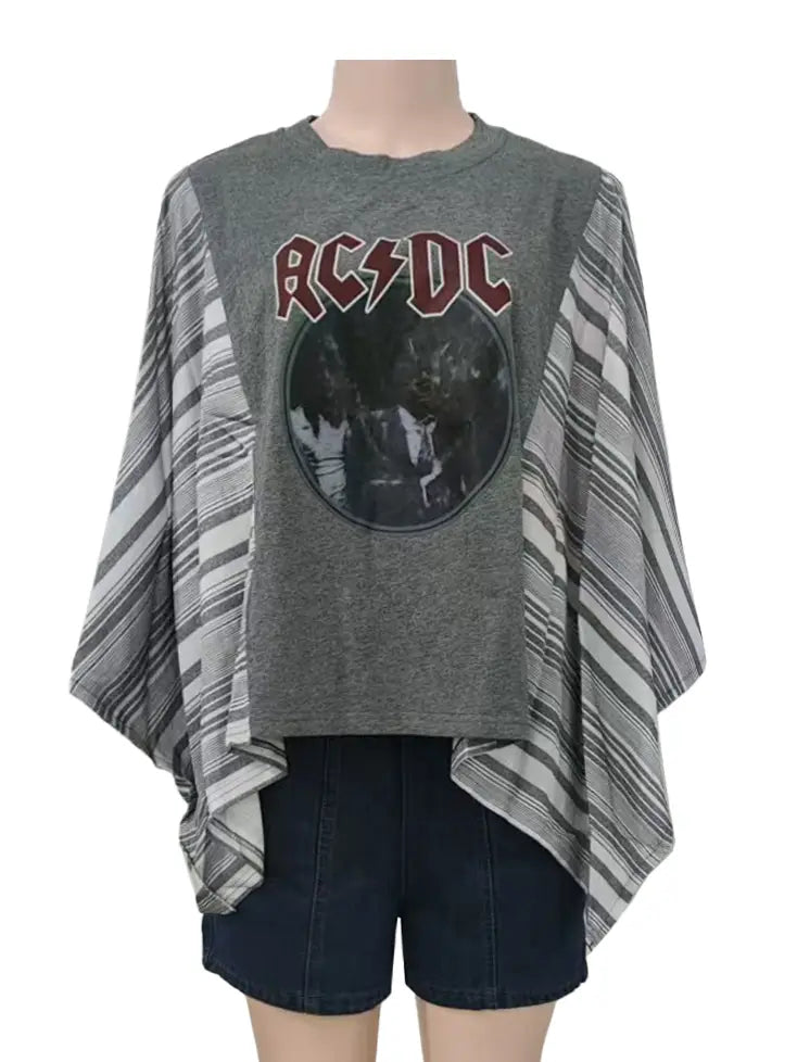 5393-Western Print Kimono Sleeve T-Shirt Oversized Tee Top-AC/DC