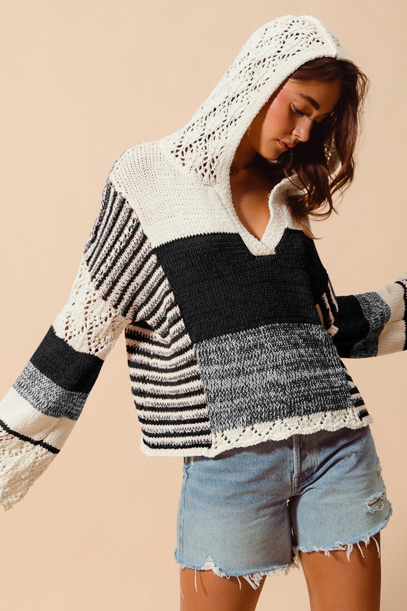 4904-COLOR BLOCK HOODED SWEATER TOP-IV/BLK