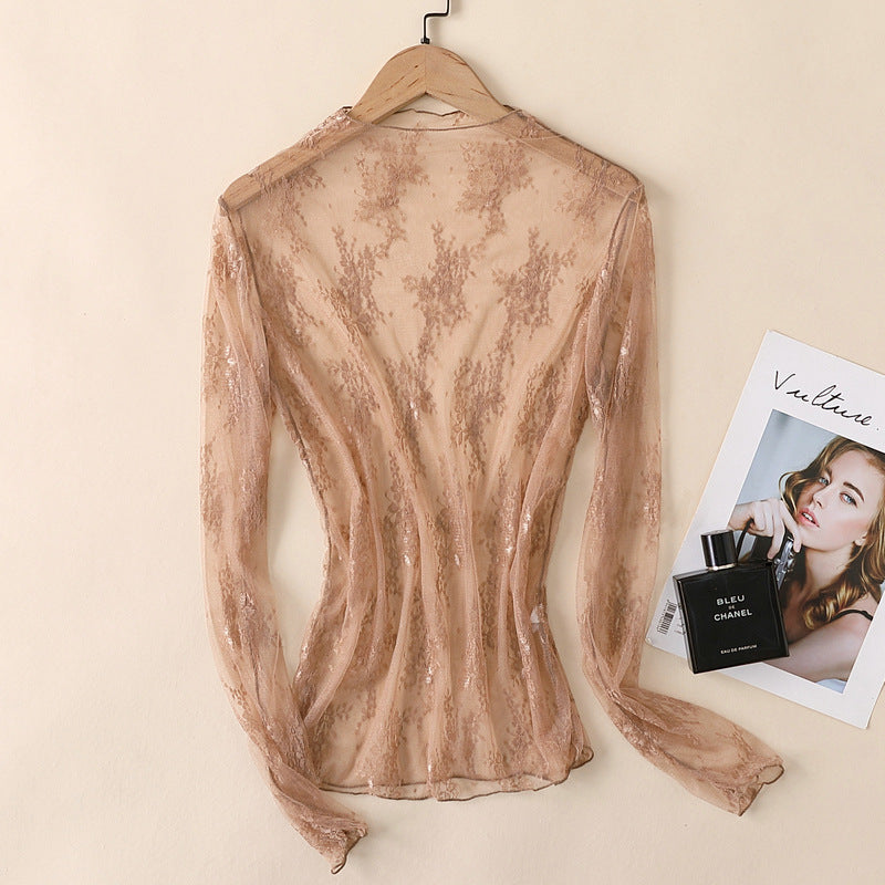 5379-Lace Mesh Top-COFFEE