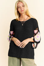Load image into Gallery viewer, 5232-Crochet Multi Colored Granny Sleeve Sweater Top-BLACK
