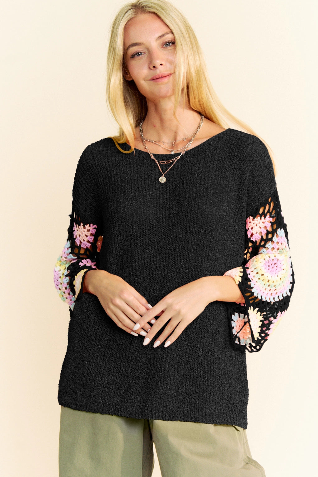 5232-Crochet Multi Colored Granny Sleeve Sweater Top-BLACK