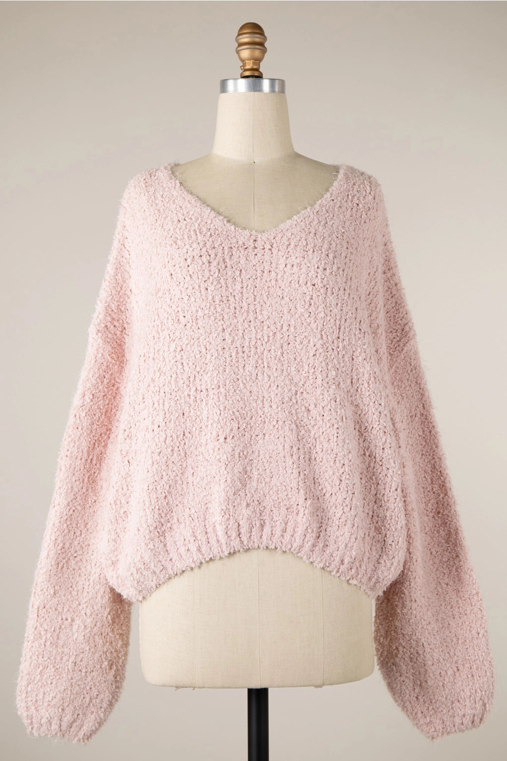 4720-Fluffy V Neck Cropped Sweater-PINK