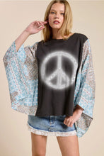 Load image into Gallery viewer, 5529-Puff&#39; Brush Peace Graphic Boho Poncho Top-BLACK
