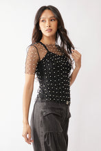 Load image into Gallery viewer, 5230-Bead and Pearl Embellished Short Sleeves Mesh Top-BLACK
