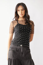 Load image into Gallery viewer, 5230-Bead and Pearl Embellished Short Sleeves Mesh Top-BLACK
