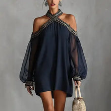Load image into Gallery viewer, 6396- Embroidered Off-Shoulder Dress with Balloon Sleeves-NAVY
