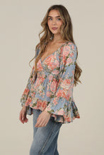 Load image into Gallery viewer, 6080- V Neck Floral Print Wide Bell Sleeve Top-BLU/OR
