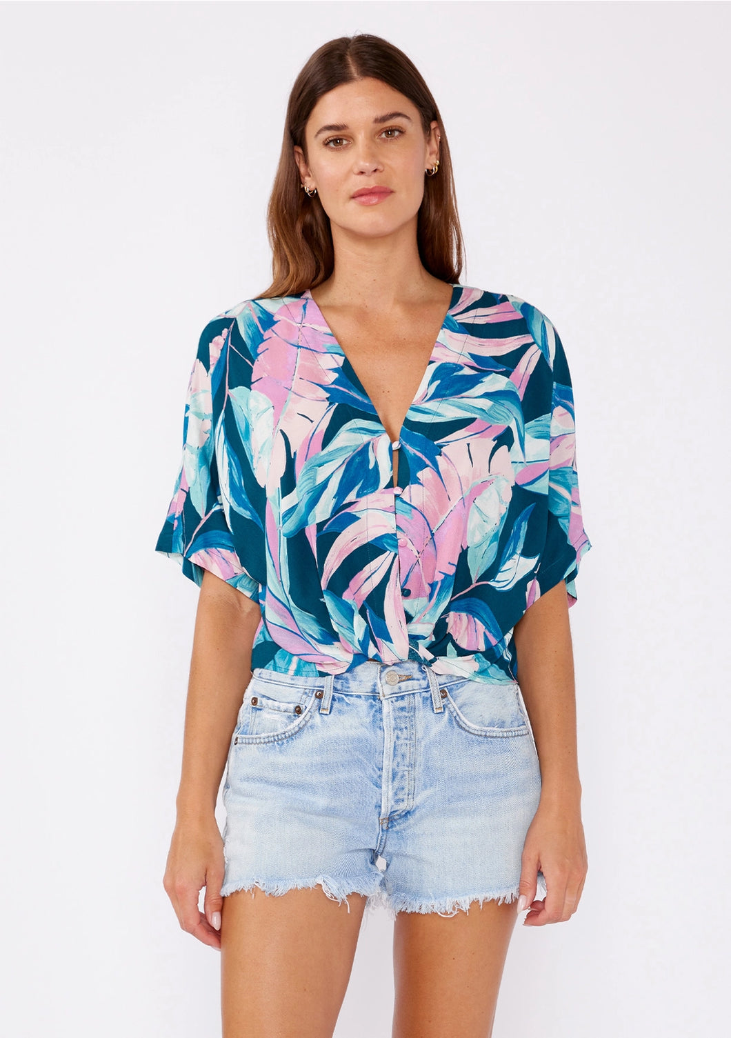 5193-Short Sleeve V-Neck Tropical Leaf Knot Top