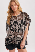 Load image into Gallery viewer, 6363- Mesh Embroidered Crochet Top-BLACK
