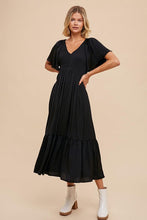 Load image into Gallery viewer, 3812-SMOCKED WASHED SATIN MIDI DRESS-black
