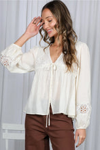Load image into Gallery viewer, 6343- Eyelet Lace Tie Front V-Neck Long Puff Blouse -CREAM
