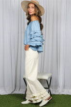 Load image into Gallery viewer, 5938-Off the Shoulder 4Tiers Ruffle Sleeve Chambray Top
