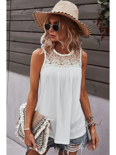 4338-Crew Neck Lace Solid Loose Fit Top-WHITE