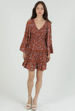 Load image into Gallery viewer, 6664- Smocked Bodice Vneck Ls DRESS-RUST
