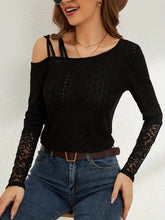 Load image into Gallery viewer, 5374-Asymmetrical Off-Shoulder Lace Patchwork Top-BLACK
