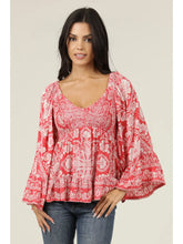 Load image into Gallery viewer, 5825-Neck Smocked Bust Wide Sleeve Printed Top-red
