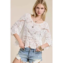 Load image into Gallery viewer, 6144- Floral Crochet Top with 3/4 Bell Sleeves-WHITE
