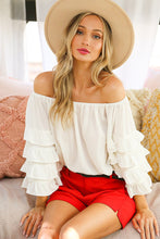 Load image into Gallery viewer, 6048- Off the Shoulder Four Tiers Ruffle 3/4 Sleeve Top -WHITE
