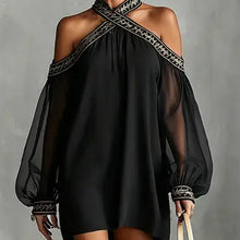 Load image into Gallery viewer, 6396- Embroidered Off-Shoulder Dress with Balloon Sleeves-NAVY
