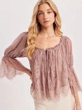 Load image into Gallery viewer, 6408- Wide Neck Ruffled Eyelash Lace Blouse -MAUVE
