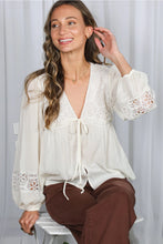 Load image into Gallery viewer, 6343- Eyelet Lace Tie Front V-Neck Long Puff Blouse -CREAM
