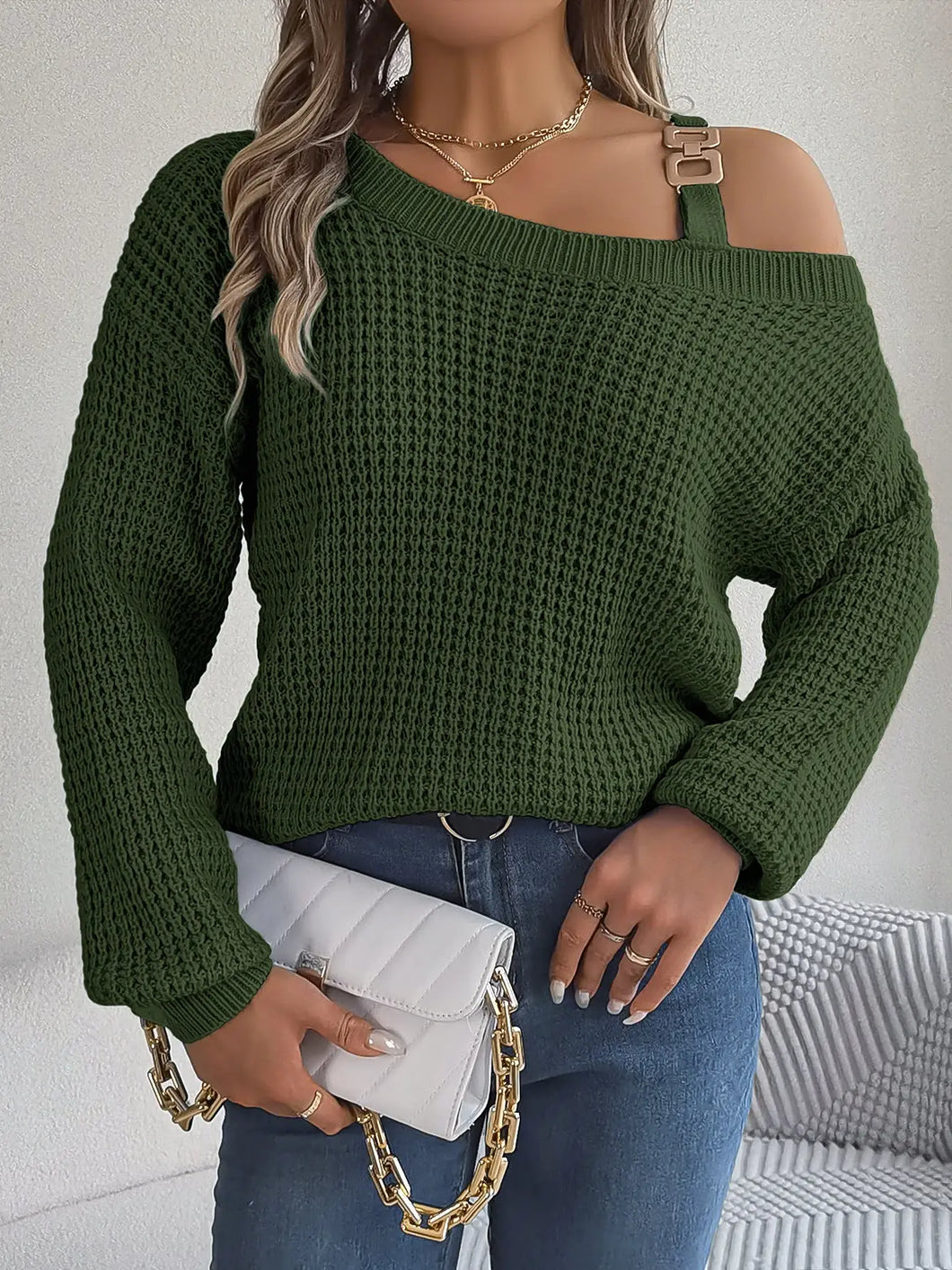 5596-ONE SHOULDER Sleeve Sweater-GREEN