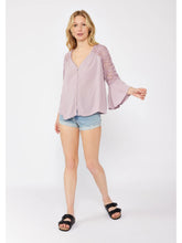 Load image into Gallery viewer, 5083- Crochet Lace Bell Sleeve Button Front Top-LAVENDER
