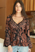 Load image into Gallery viewer, 5585-Neck Flare Bell Sleeve Smocked Waist Blouse-BLACK
