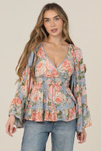 Load image into Gallery viewer, 6080- V Neck Floral Print Wide Bell Sleeve Top-BLU/OR

