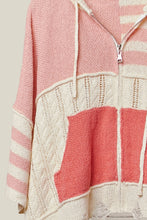 Load image into Gallery viewer, 5349-Stripe Distressed Knit Hoodie-CORAL

