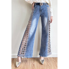 Load image into Gallery viewer, 6533- Lattice Rhinestone Wide Leg Jeans
