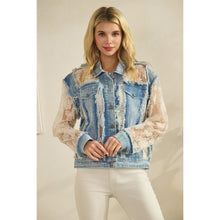 Load image into Gallery viewer, 5865-Denim Jacket with Floral Organza Inset-WHITE
