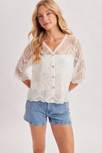 Load image into Gallery viewer, 6365- Sheer Embroidered Mesh Button Scalloped Hem Blouse-WHITE
