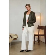 Load image into Gallery viewer, 6456- Mixed Media Faux Leather Draped Jacket-OLIVE
