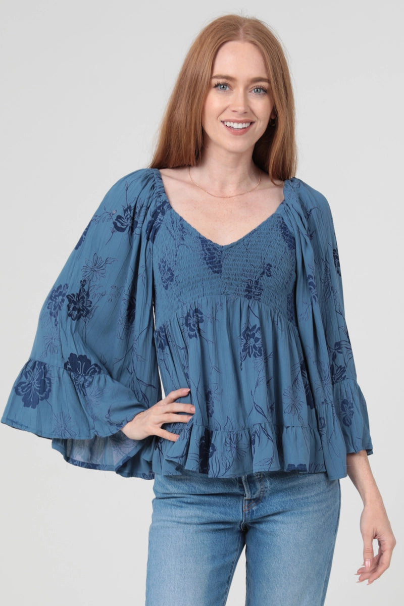 5444- V Neck Smocked Bust Wide Bell Sleeve Top-BLUE