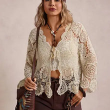 Load image into Gallery viewer, 6178- Boho Crochet Lace Cutout CARDIGAN-BEIGE
