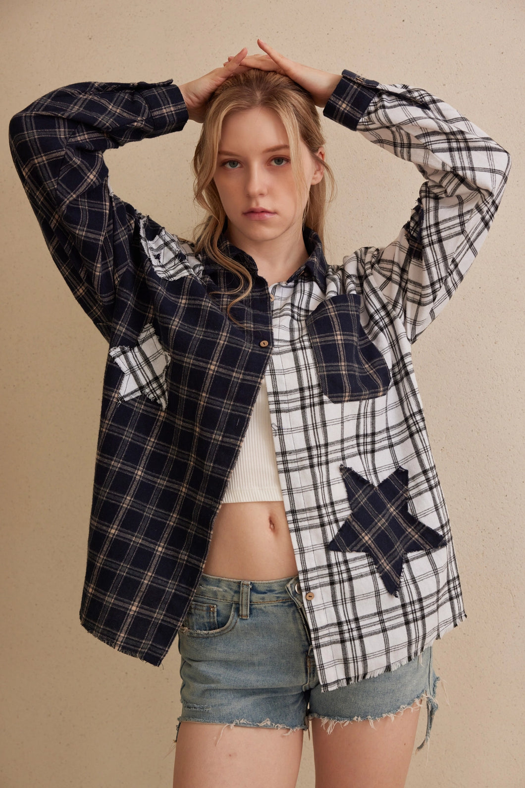 5344-Color Block Plaid Shirt with Patch Detail